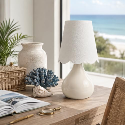 12" Beige Ceramic Table Lamp, Small Plug-in Bedside Lamp with Linen Shade, E26 Socket, 6FT Cord & Rocker Switch, Coastal Accent Lamp for Bedroom Nightstand, Living Room, Dorm