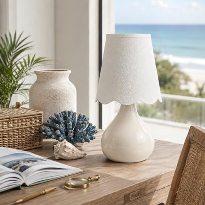 12" Beige Ceramic Table Lamp, Small Plug-in Bedside Lamp with Linen Shade, E26 Socket, 6FT Cord & Rocker Switch, Coastal Accent Lamp for Bedroom Nightstand, Living Room, Dorm