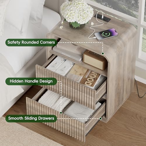 Grey Nightstands Set of 2 with Charging Station, Mid Century Modern End Tables & Bedside Tables, Fluted Wood Small Night Stands with 2 Hidden Drawers and Storage Shelf for Bedroom, Gray - color: Grey, style: 2 Drawers-2 PCS