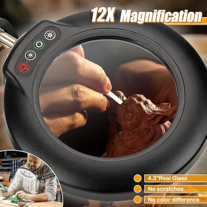Real Glass 12X Magnifying Glass with Light and Stand (No Acrylic Lens), 2-in-1 Lighted Magnifier with Clamp, 5 Color Modes Dimmable LED Desk Lamp Hands Free for Painting Craft Sewing Hobby Close Work - color: Black
