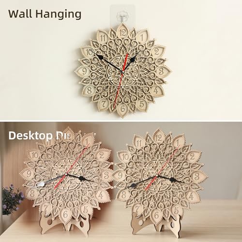 12-Inch 3D Mandala Wall Clock, Silent Non-Ticking Decorative Wooden Clock for Living Room, Boho Wall Art & Modern Farmhouse Home Decor, Unique Housewarming Gift for Bedroom or Office