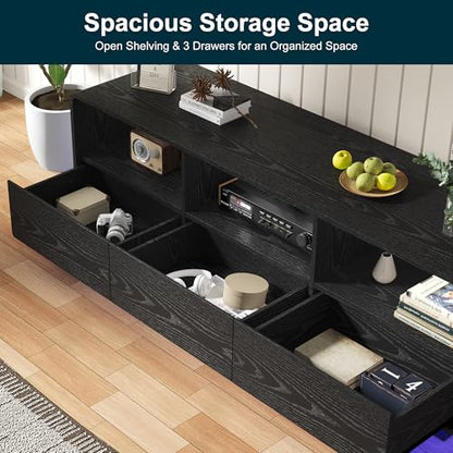 RoyalCraft TV Stand for TVs Up to 65", Modern Black Entertainment Center with 3 Storage Drawers and LED Lights, Curved Wood Media TV Console for Living Room, Bedroom - color: Black