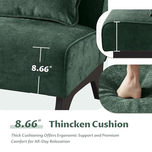 Armless Accent Chair Comfy Upholstered Modern Living Room Side Chair | Comfy Small Accent Lounge Chair with Pillow & Wooden Legs Accent Chair for Living Room Bedroom Farmhouse Reading Green - color: Dark Green