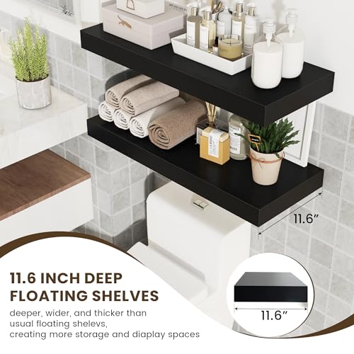 30 Inch Floating Shelves, 12'' Deep Black Shelves for Wall Set of 2 | Invisible Brackets, Engineered Wood, Mounting Hardware Included, 45LBS, Bathroom, Laundry Room, Kitchen, Living Room - color: Black, size: 30W x 11.6D x 2H, 2 Pack