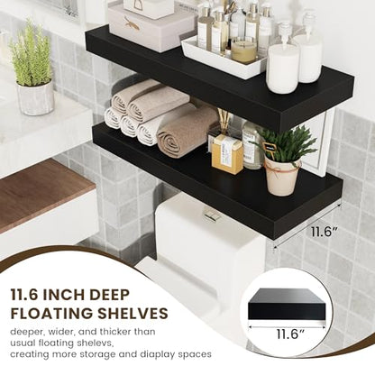 30 Inch Floating Shelves, 12'' Deep Black Shelves for Wall Set of 2 | Invisible Brackets, Engineered Wood, Mounting Hardware Included, 45LBS, Bathroom, Laundry Room, Kitchen, Living Room - color: Black, size: 30W x 11.6D x 2H, 2 Pack