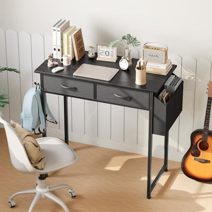 DUMOS 32" Home Office Computer Desk with Drawers, Small Gaming Writing Study Table with Storage Side Bag, Headphone Hook and Adjustable Feet for Bedroom Black | Home Office Desk with Side Bag for Bedroom, Gaming Writing Study Desk with Adjustable Feet - c