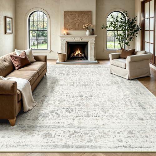 8x10 Area Rugs for Living Room, Washable Vintage Retro Floral Rug, Low Pile Non Slip Distressed Large Carpet for Bedroom, Dining Room, Office, Home (Beige Grey) - color: M-beige, size: 8' x 10' (Rectangular)