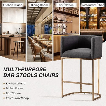 HNY Modern Barrel Counter Height Bar Stools Set of 2, 29 Inch Charcoal Linen Kitchen Barstools with Back for Island, with Gold Metal Tubular Frame - color: 29inch Charcoal,gold Base