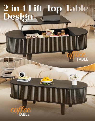 Oval Lift Top Coffee Table with Storage, Fluted 47" Wood Mid Century Modern Coffee Table for Living Room, Black - color: Black-oval (Flip Top)
