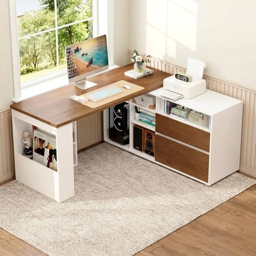 L Shaped Desk with 2 Drawers and 3 Shelves, 60" Reversible Corner Desk, Computer Desk with 10 Cubby Storage Organize, Home Office Executive Desk for Writing Study Work, White