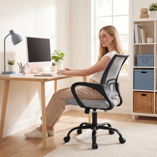DUMOS Ergonomic Home Office Chair, Executive Mesh Desk Chair | Height Adjustable, Lumbar Support, Breathable Mid Backrest, Fixed Armrest, Rolling Wheels, Computer Gaming, Meeting, Gray - color: Grey