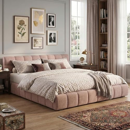 Chenille Fabric Upholstered Platform Bed Frame with Soft Headboard, Modern Low Profile Grounded Design, No Box Spring Needed, Sturdy MDF & Wood Frame, Neutral Style (Pink, Queen (U.S. Standard)) - color: Pink, size: Queen (U.S. Standard)