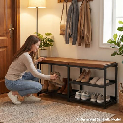 Shoe Rack Bench with Cushioned Seat,3-Tier Wrought Iron Shoe Rack | Shoe Bench for Entrance Hall,Shoe Storage, Multifunctional Storage Bench for Hall and Bedroom