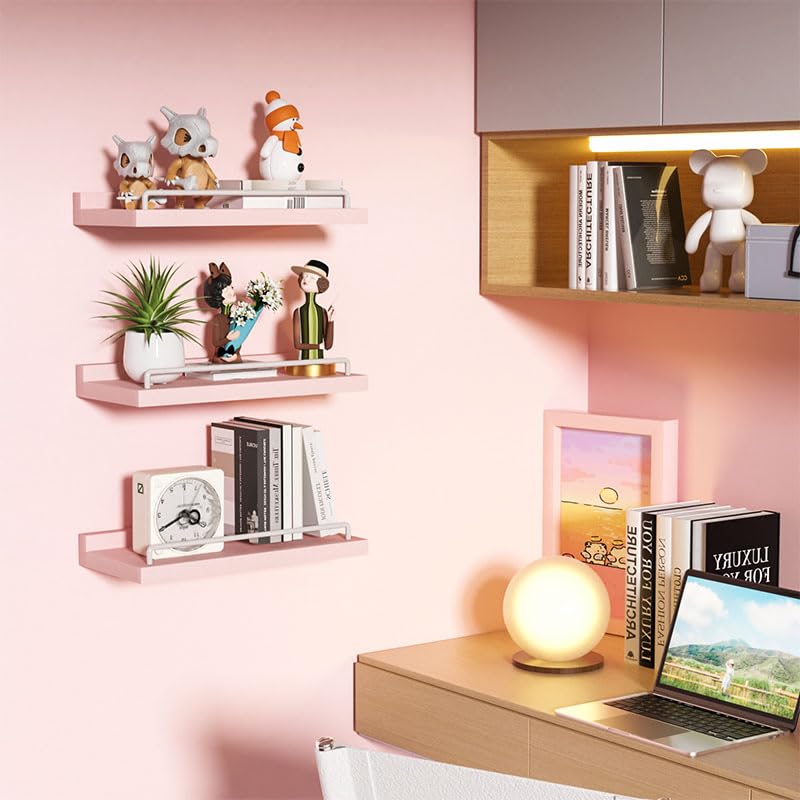 RYOFOBETTO Small Floating Shelf, 6X9 Inches Farmhouse Wall Shelves for Living Room, Bedroom, Picture Frames, Plants, Kitchen, Set of 3 (Pink and White) - color: Pink and White, size: 9"