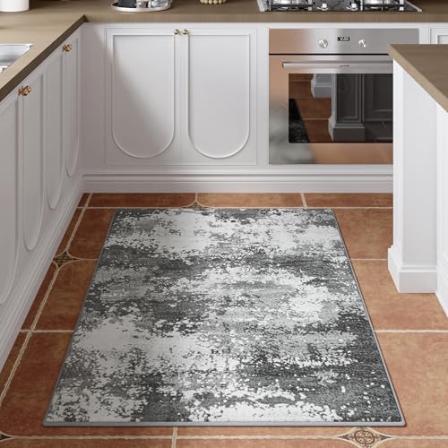 Entryway Rug 3x5 Grey Door Mat Indoor Entrance 36x60, Washable Small Throw Rugs for Kitchen Floor, Entry, Front Door, Bedroom Bedside, Non-Slip Low Pile Stain & Fade Resistant, Abstract Gray - color: Grey, size: 3' X 5' (Rectangular)