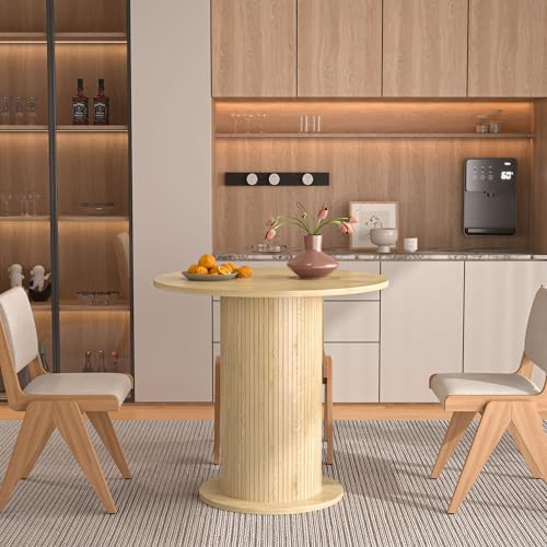 31.5 inch Round Dining Table for 2, Modern Farmhouse Kitchen Table | Small Circle Dining Tables with Wood Strip Base for Kitchen Living Room - color: Natural