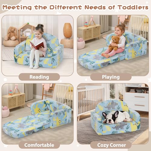 Extra Wide Kids Couch, 2-in-1 Soft Toddler Couch with Blanket, Glow in The Dark, Comfy Toddler Chair with Cloud Pillow, Convertible Sofa, Dinosaur - color: Dinosaur