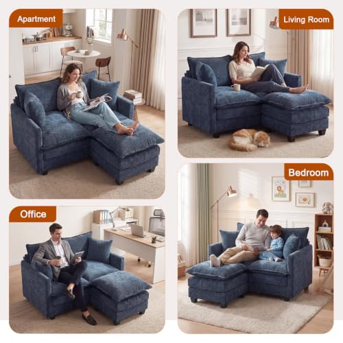 50'' Loveseat Sofa Set with Ottoman, Small Couch Set 2 Piece Cloud Love Seat 27" Deep Seat Washable Pillows Couches for Small Spaces Apartment Living Room, Blue - color: Blue, size: 50"+50"L