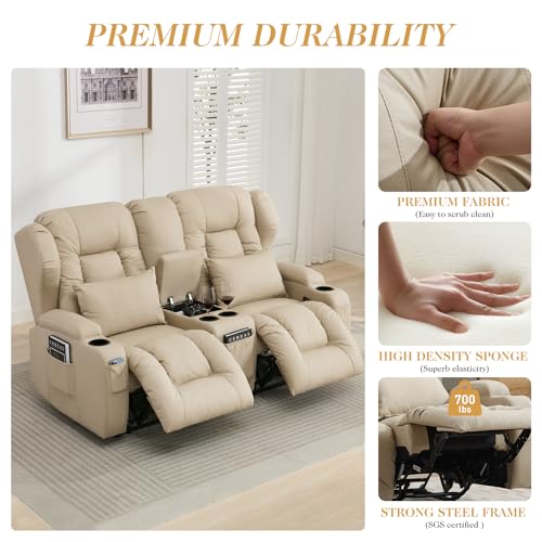 Loveseat Recliner Sofa,RV Wall Hugger Recliners with Console,Reclining Loveseat Sofa Recliner with Cup Holders/Lumbar Pillows for Small Spaces,RV Furniture (Beige,66" 2-Seater) - color: Beige, size: 66" 2-Seater