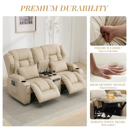 Loveseat Recliner Sofa,RV Wall Hugger Recliners with Console,Reclining Loveseat Sofa Recliner with Cup Holders/Lumbar Pillows for Small Spaces,RV Furniture (Beige,66" 2-Seater) - color: Beige, size: 66" 2-Seater
