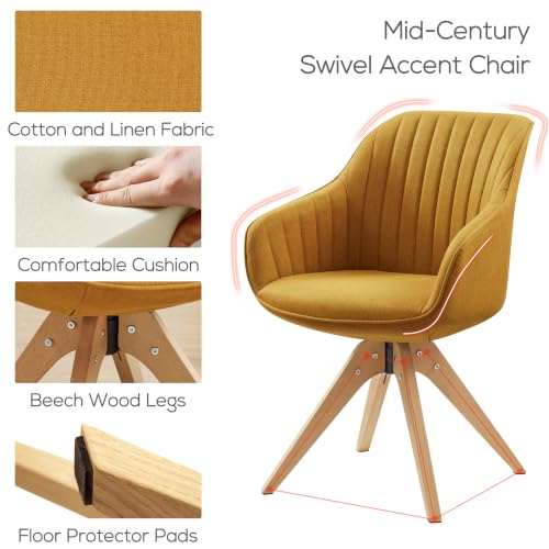 Swivel Desk Chair for Home Office, Fabric, Yellow | No Wheels, Beech Wood Legs, Mid Century Modern, Upholstered, 360° Swivel, Accent Chair, Living Room, Bedroom - color: Yellow/Beech Wood, size: Fabric
