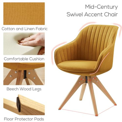 Swivel Desk Chair for Home Office, Fabric, Yellow | No Wheels, Beech Wood Legs, Mid Century Modern, Upholstered, 360° Swivel, Accent Chair, Living Room, Bedroom - color: Yellow/Beech Wood, size: Fabric