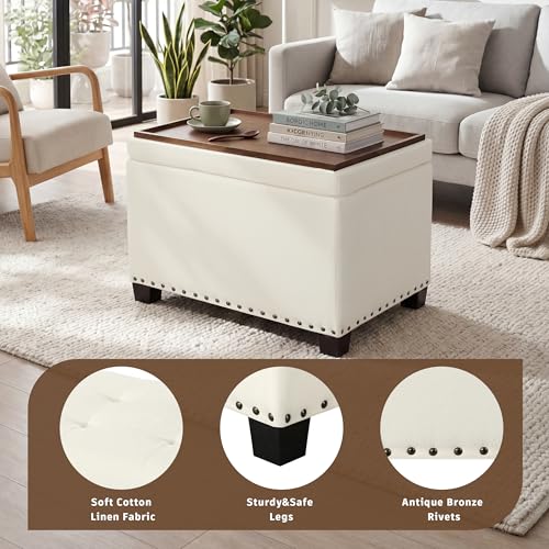Homebeez Storage Ottoman with Tray Top, 22" Tufted Fabric Coffee Table with Storage, Foot Rest Ottoman with Nailhead Trim, for Living Room Bedroom, White - color: White Linen