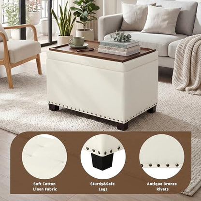 Homebeez Storage Ottoman with Tray Top, 22" Tufted Fabric Coffee Table with Storage, Foot Rest Ottoman with Nailhead Trim, for Living Room Bedroom, White - color: White Linen
