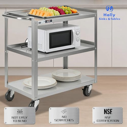 Hally Stainless Steel Utility Cart 3 Tier NSF Rolling Carts 31" Lx19 Wx34 H | Commercial Heavy Duty Metal Mobile Food Cart, with Handle and Wheels, for Kitchen, Restaurant, Hospital, Laboratory and Home - size: 19''x31''x34''