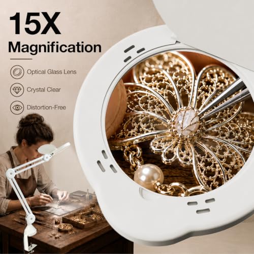 knitly Magnifying Glass with Light, 15X Optical Glass Lamp for Close Work, 5 Color Modes, 9 Brightness Levels, Hands-Free Desk Clamp for Jewelry, Crafts, Soldering, Reading, Nail Detail, Snow White