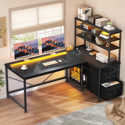 DurayLoly L Shaped Gaming Desk with 3 Fabric Drawers & Shelves for Storage | Reversible Computer Desk with LED Lights, Power Outlet and PC Stand of Home Office Desk for Bedroom,Dorm,Gaming Room,Black - color: Black, size: 18.9"D x 47.2"W x 59"H