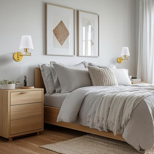VONLUCE Wall Lamp, Plug in & Swing Arm Wall Sconce, Gold Finish | Modern Wall Lights with White Fabric Shades, Plug in & Hardwired Wall Mounted Light for Bedside, Living Room, Hallway - color: Gold, size: 1 Pack