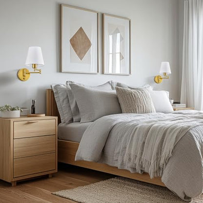 VONLUCE Wall Lamp, Plug in & Swing Arm Wall Sconce, Gold Finish | Modern Wall Lights with White Fabric Shades, Plug in & Hardwired Wall Mounted Light for Bedside, Living Room, Hallway - color: Gold, size: 1 Pack