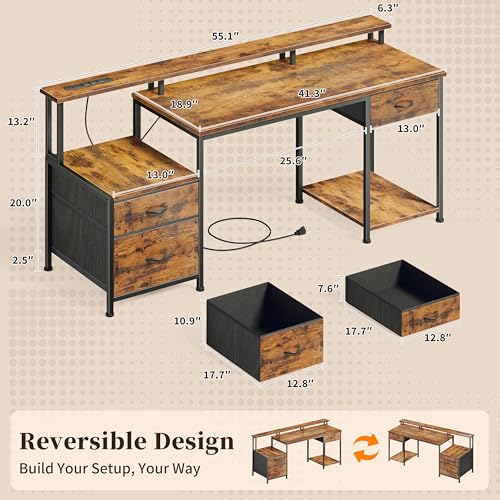 Korfile 55" Computer Desk with File Drawer, Printer Space, Rustic Brown | LED Lights, Power Outlets, Reversible, 3 Adjustable Drawers, Monitor Stand, Home Office Desk for Work, Study, Writing - color: Rustic Brown