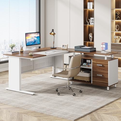 Tribesigns 63 Inch Executive Desk with File Cabinet, L Shaped Office Desk with Drawers and Storage Shelves, Business Furniture Set Workstation for Home Office, White and Walnut - color: White and Brown