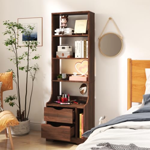 Tall Nightstand with 4 Open Shelves and 2 Drawers Slim Bedside Storage Cabinet End Table Wooden Bookshelf Utility Organizer for Living Room, Bedroom, Brown - color: Brown