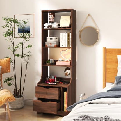 Tall Nightstand with 4 Open Shelves and 2 Drawers Slim Bedside Storage Cabinet End Table Wooden Bookshelf Utility Organizer for Living Room, Bedroom, Brown - color: Brown