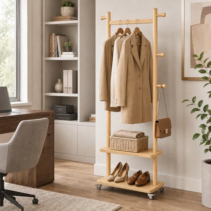 Coat Rack Freestanding Solid Wood Clothes Rack with Wheels | Space Saving, Stable 5 Hooks 2 Shelves Coat Tree, Silent 360 Degree Wheels, Heavy Duty 150 lb Capacity for Entryway Bedroom - color: Natural Wood, size: L: 23.6" x W: 11.8" x H: 70.9" (With Whee
