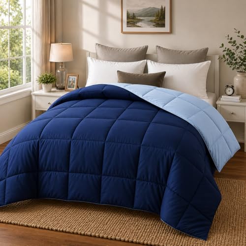 EVOLIVE Microfiber Reversible All Season Comforter Twin (Navy/Light Blue) | Soft brushed microfiber with down-alternative fill offers medium-weight warmth, box stitching, and easy machine care - color: Navy/Light Blue, size: Twin