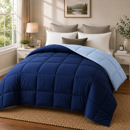 EVOLIVE Microfiber ReversibleComforter Full/Queen (Navy/Light Blue) | Soft brushed microfiber with down-alternative fill offers medium-weight warmth, box stitching, and easy machine care - color: Navy/Light Blue, size: Full/Queen