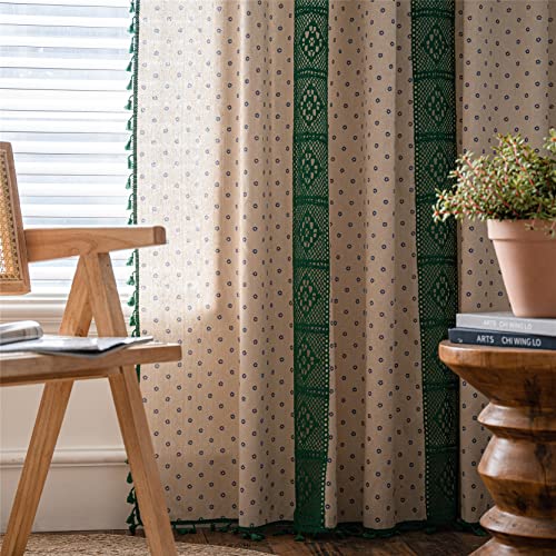 Deeprove Boho Curtains for Bedroom Living Room, Lace Hollow Crochet Stripes Blue Florals Print Cotton Linen Patchwork, Bohemian Green Tassel Semi-Blackout Window Farmhouse Drape 1 Panel, W59 x L84 - color: Blue + Green, size: 59"W x 84"L (Pack of 1)