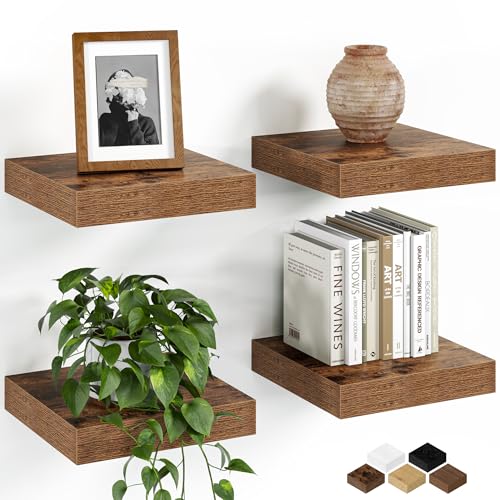 Fun Memories Floating Shelves for Wall, 8 Inch Set of 4 Rustic Wood Wall Shelves with Invisible Brackets, Heavy Duty Storage Display for Bathroom Bedroom Living Room Kitchen, Brown - color: Rustic Brown, size: 8"D x 8"L - 2Pack