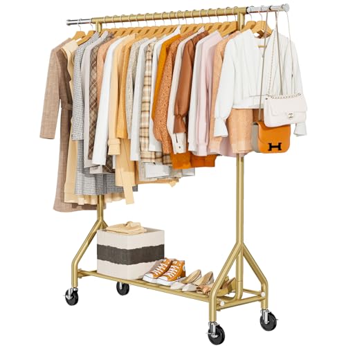 HYSEYY Heavy Duty Clothes Rack Load 450 LBS, Metal Garment Rack, Standing Rolling Clothing Rack for Hanging Clothes with Sturdy Wheels & Shelves, Portable Closet Wardrobe Rack,Gold - color: Gold