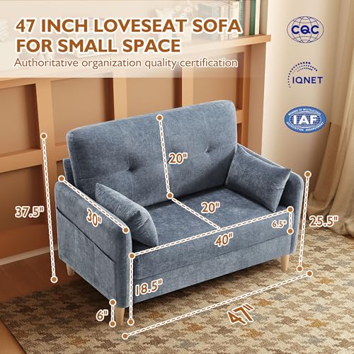 Urhanherry 47" Small Sofa Couch for Bedroom, Soft Chenille loveseat Mini Couch with Throw Pillow and Removable Cushion Cover for Small Spaces, Living Room, Apartment, Dorm, Office(Blue Grey) - color: Blue