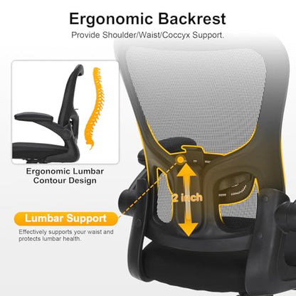 Ergonomic Mesh Office Chair with Adjustable Lumbar Support, Flip-Up Arms & Rolling Swivel Base, Breathable Computer Desk Chair for Home Office, Study & Remote Work, Black