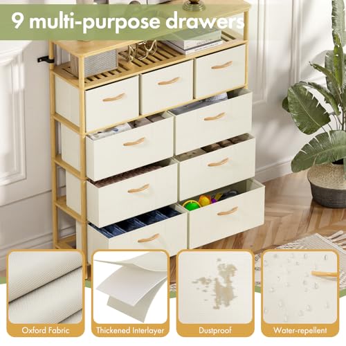 9 Drawer Fabric Dresser, Bamboo Fabric Drawer Dresser, Large Capacity Storage, for Bedroom and Living Room - size: 11.8"D x 39.6"W x 40.2"H (9 Drawers)