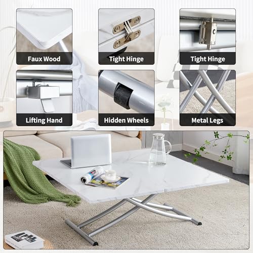 Liftable Folding Dining Table for 4, Adjustable Drop Leaf Table, Folding Coffee Table for Small Spaces, Scratch-Resistant Wood Top with Metal Frame for Apartment Kitchen Living Room - color: White-silver