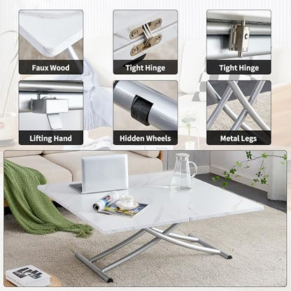 Liftable Folding Dining Table for 4, Adjustable Drop Leaf Table, Folding Coffee Table for Small Spaces, Scratch-Resistant Wood Top with Metal Frame for Apartment Kitchen Living Room - color: White-silver