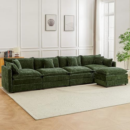 Modular Sectional Sofa, 147.2 Inch L Shaped Couch Set with Armrests, 4-Seater Comfy Cloud Couches with Movable Ottoman for Living Room Apartment, Green - color: Green, size: 147.2'' - L Shape