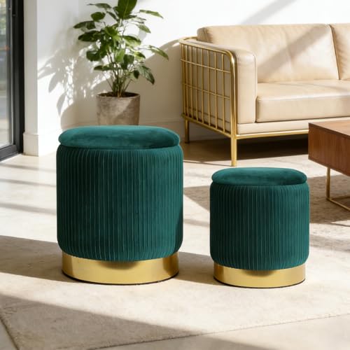 YYW HOME Round Ottoman with Storage Set of 2 Green Velvet Vanity Stool | Removable Lid, Gold and Green Ottoman,Hidden Storage Stool, Small Coffee Table for Living Room,Nest Packing, Assembly Free - color: Green